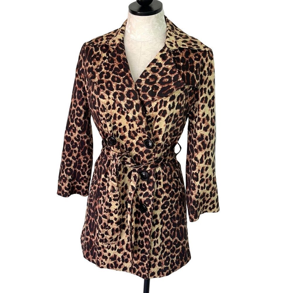 Vertigo Womens Trench Coat Size Small Animal Print Belted Lightweight Button Up